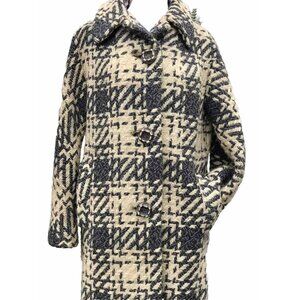 Vtg 50s 60s Woven Plaid Wool Women’s Dress Coat M L Grey Black Tan Mod GoGo HTF